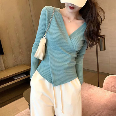New Korean Womens Cross V-neck Asymmetric Slit Fall Winter Tops Tee Blouse