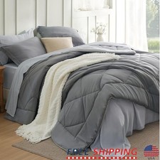 Queen 7 Piece Bed in a Bag Set Soft Warm Reversible Comforter Cozy Sleep Grey