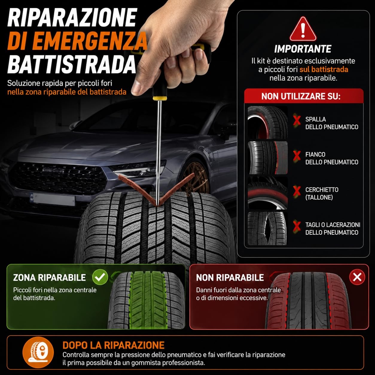 Topolenashop 7 Pezzi Kit Riparazione Pneumatici Tubeless Set Ripara Gomme Auto e - Miniatura 17