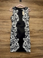 Ladies Black And White Floral  Cotton Dress BNWT Size UK 12 With Slit Back