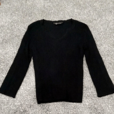 Etcetera Black V-Neck Ribbed Long Sleeve Sweater W Slight Ruffled Edge Size M