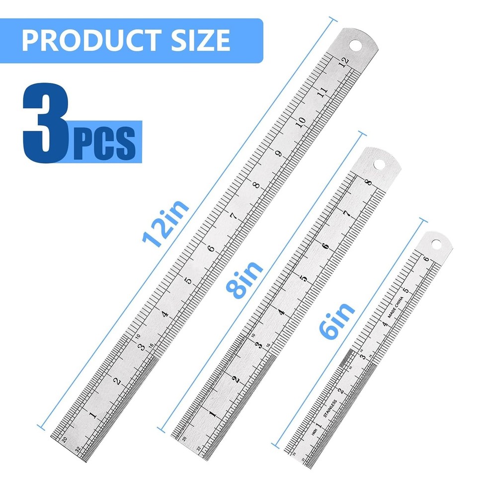 3Pcs Stainless Steel Ruler Set 6 8 12 Inch Metal Ruler with Inch and ...