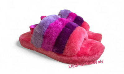 NEW BIG KIDS UGG FLUFF YEAH BERRYLICIOUS MULTI SHEARLING SLIDES SANDALS SLIPPERS
