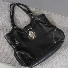 Francesco Biasia Boho Black Leather Hobo Shoulder Bag Purse Studded Biker Y2K
