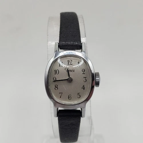 Vintage 1989 Timex Mechanical Watch Womens Running 17mm Silver Tone Black Band