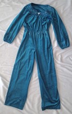 VTG Sears At Home Wear Velour Jumpsuit Womens Sz M 12/14 Aqua Teal Loungewear