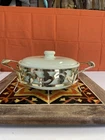 Vintage Bauer Pottery Yellow Speckled Covered Casserole Dish & Stand MCM 8”diam