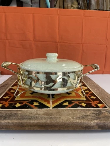 Vintage Bauer Pottery Yellow Speckled Covered Casserole Dish & Stand MCM 8”diam