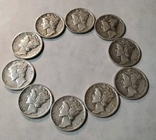 Mercury Dimes 1935 -1945 PS?Lot Of 10 90% Silver ?$1 Face #60