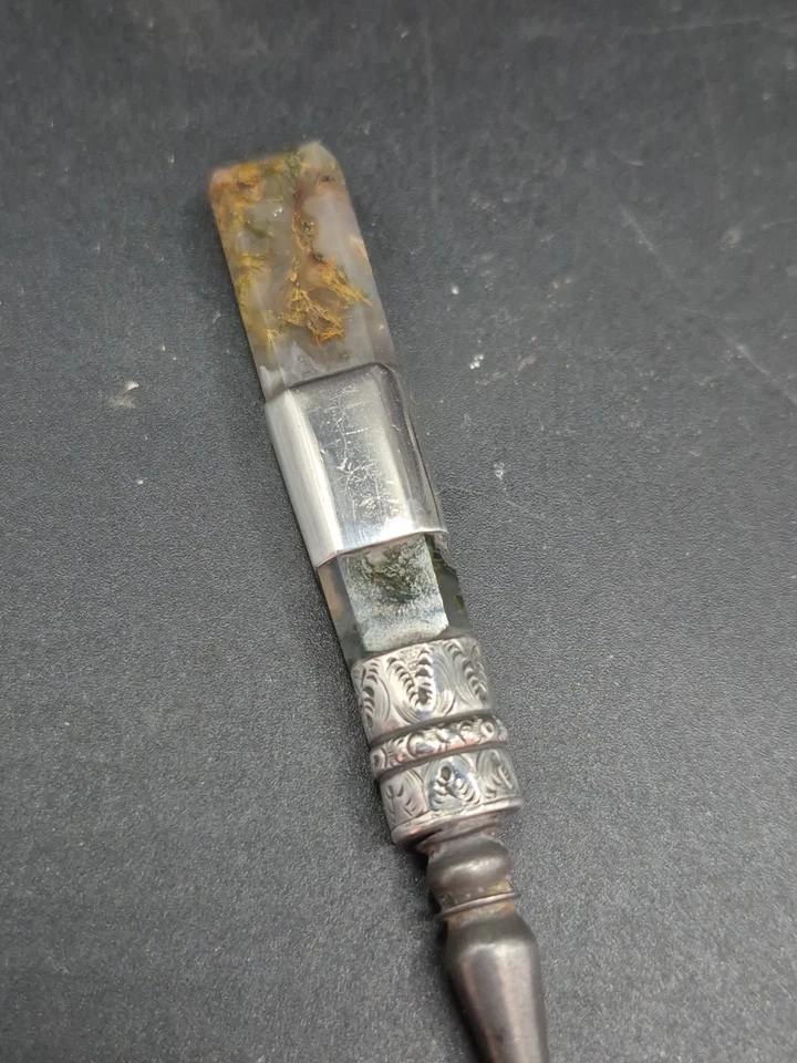 Rare Antique Scottish Sterling Silver Moss Agate Handled Button Hook - Image 4 of 4