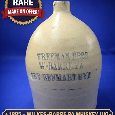 1885 Freeman Bros Wilkes-Barre PA Benmart Rye Stoneware 4/3 Gal Jug RARE
