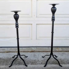 Pair of two black metal lightweight decorative portable offset candle holders