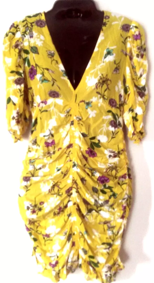 Skylar + Madison Dress Size Med Yellow Floral Sunshine Days V Neck Ruched Front