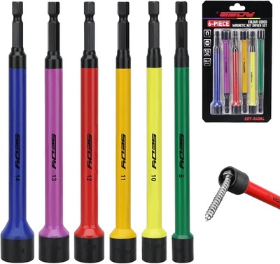 Magnetic Impact Nut Driver Set: 6-Piece SAE Color Coded Nut Setter Set 6 Inch Le