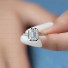 Emerald Cut Moissanite Hidden Halo Wedding Engagement Ring 14K White Gold Plated