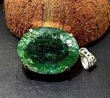 93.46 Ct Certified Natural Rutilated Quartz 925 Solid Silver Pendant Green Gem