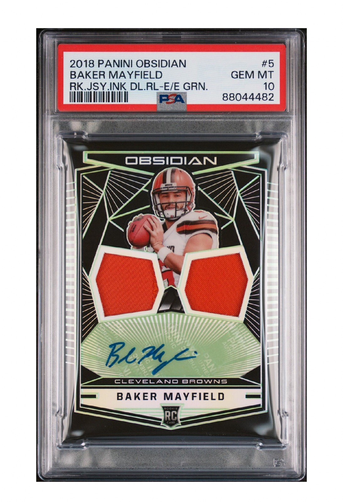 Baker Mayfield Panini Obsidian Rookie Jersey Ink Dual Relics #5 Electric Etch Orange