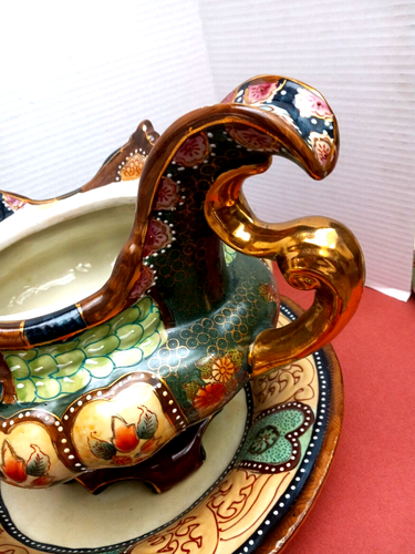 VINTAGE ASIATISCHE SUPPENTERRINE HANDBEMALT GOLD VERGOLDET, ERHABENE PERLEN - Bild 5 von 11