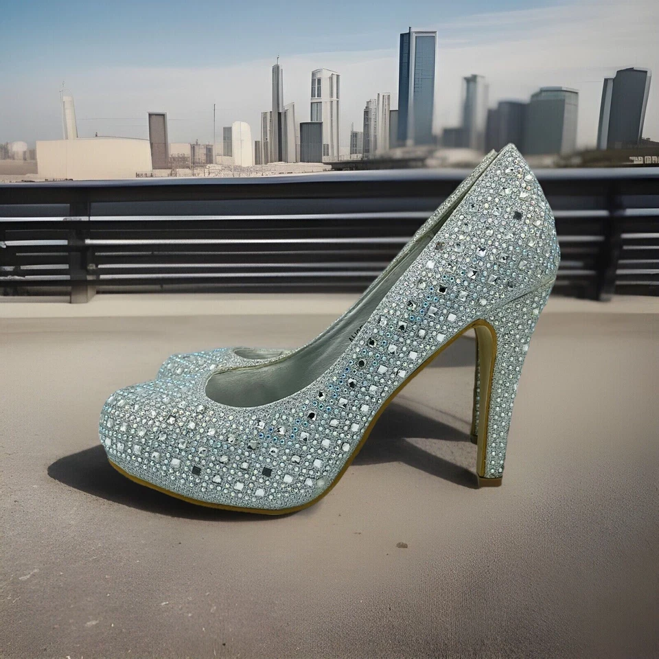 Zapatos de tacón de mascota para mujer talla 6 plateados Alicia gemas de estrás tacón de aguja brillante Foto 2 de 4