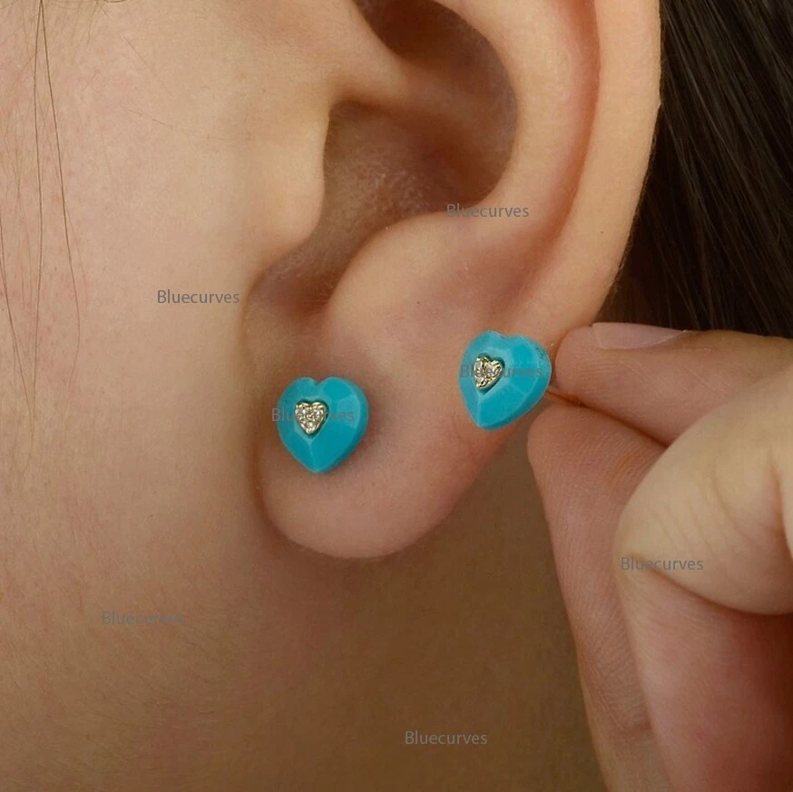 Trio Real Diamond & Heart Arizona Turquoise Studs Earrings 14k Gold Love Earring - Image 3 of 4