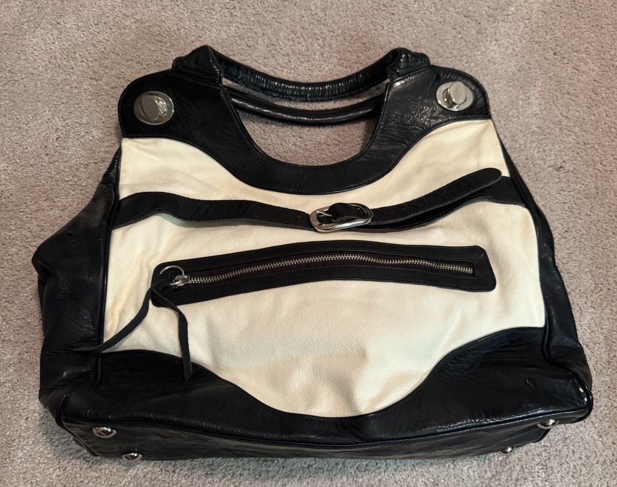 Foley & Corrina Black White Canvas Leather Handbag EUC | eBay