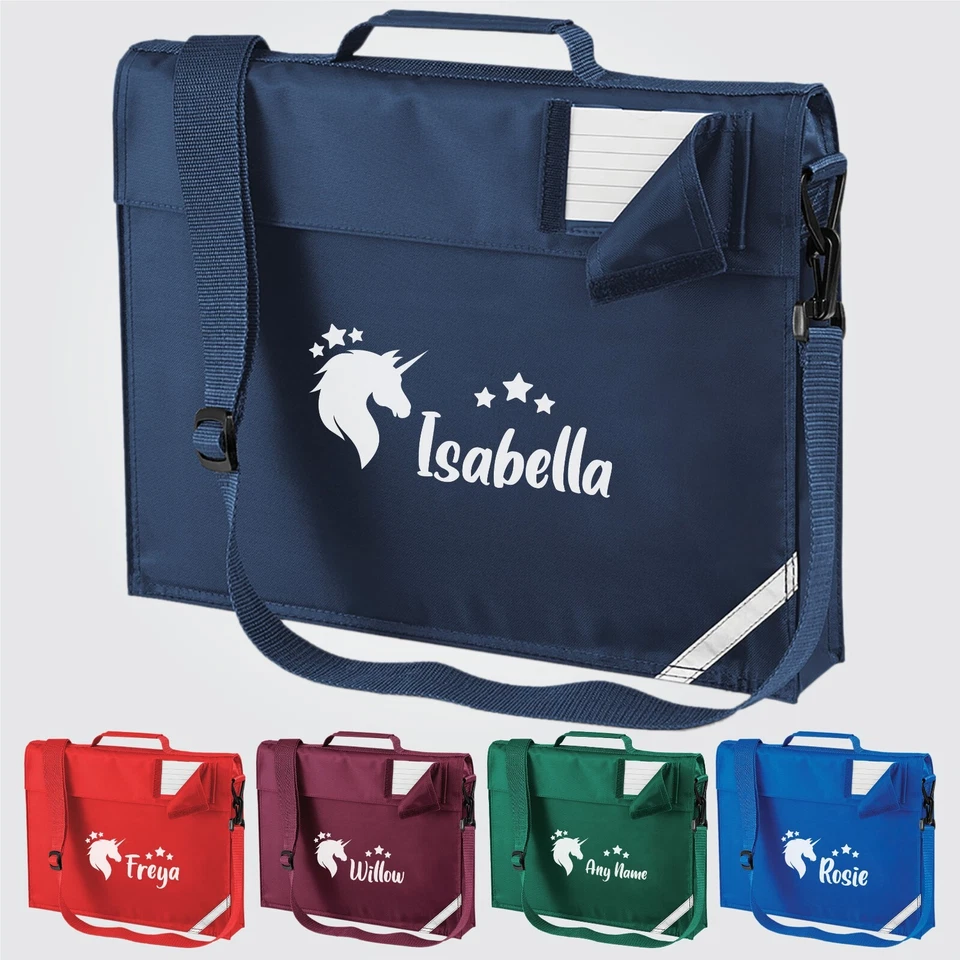 U&S CLOTHING Personalisiertes Kinder Einhorn mit Namen bedruckt Zurück zur Schule Junior Buch Tasche Riemen