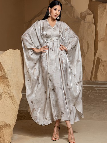 New Women Abaya Dubai Fashion Satin Print Robe Bat Sleeve With Belt Kaftan Party - Picture 24 of 44
