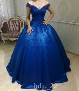 blue off the shoulder formal dress