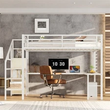 Queen Size Loft Bed w/ Desk & USB, Metal Loft Bed w/ Wardrobe & Adjustable Shelf