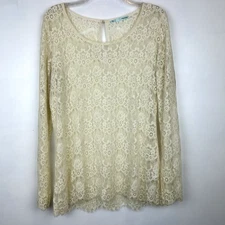 Lace Long Sleeve Blouse Womes Large Ivory Sheer Scalloped Edge Hem Boho Romantic
