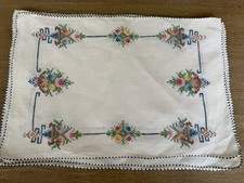 Set of 6 Vintage Hand Embroidered Linen Placemats Cross Stitch Floral Blue Edge