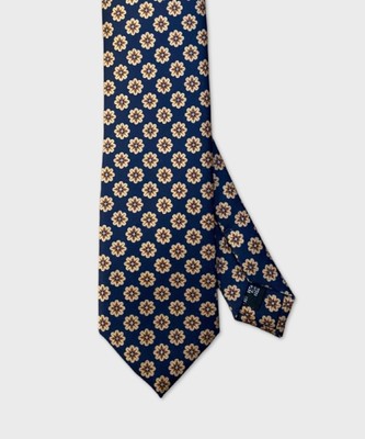 Arcuri Three Pleated Wool and Silk Tie, Blue Flower Beige Pattern I24861.3