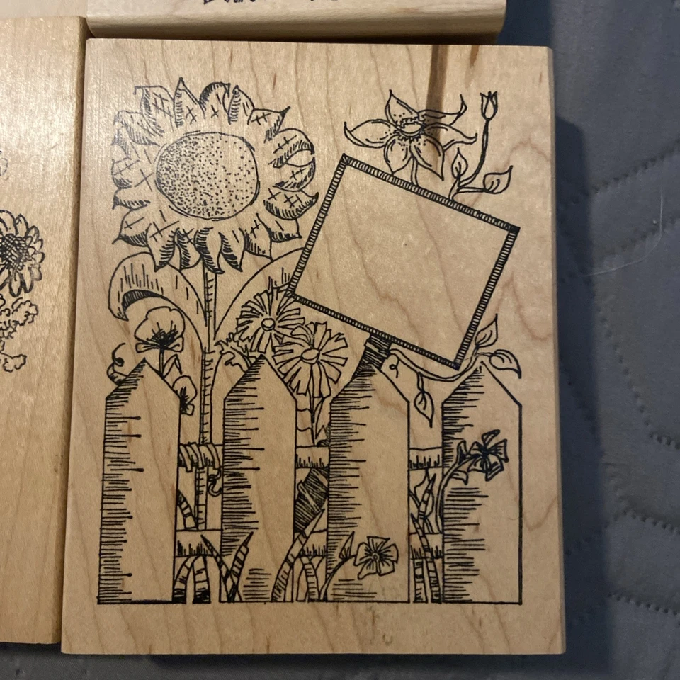 Lote de 4 estampillas grandes de goma montadas en madera con temática floral Foto 2 de 4