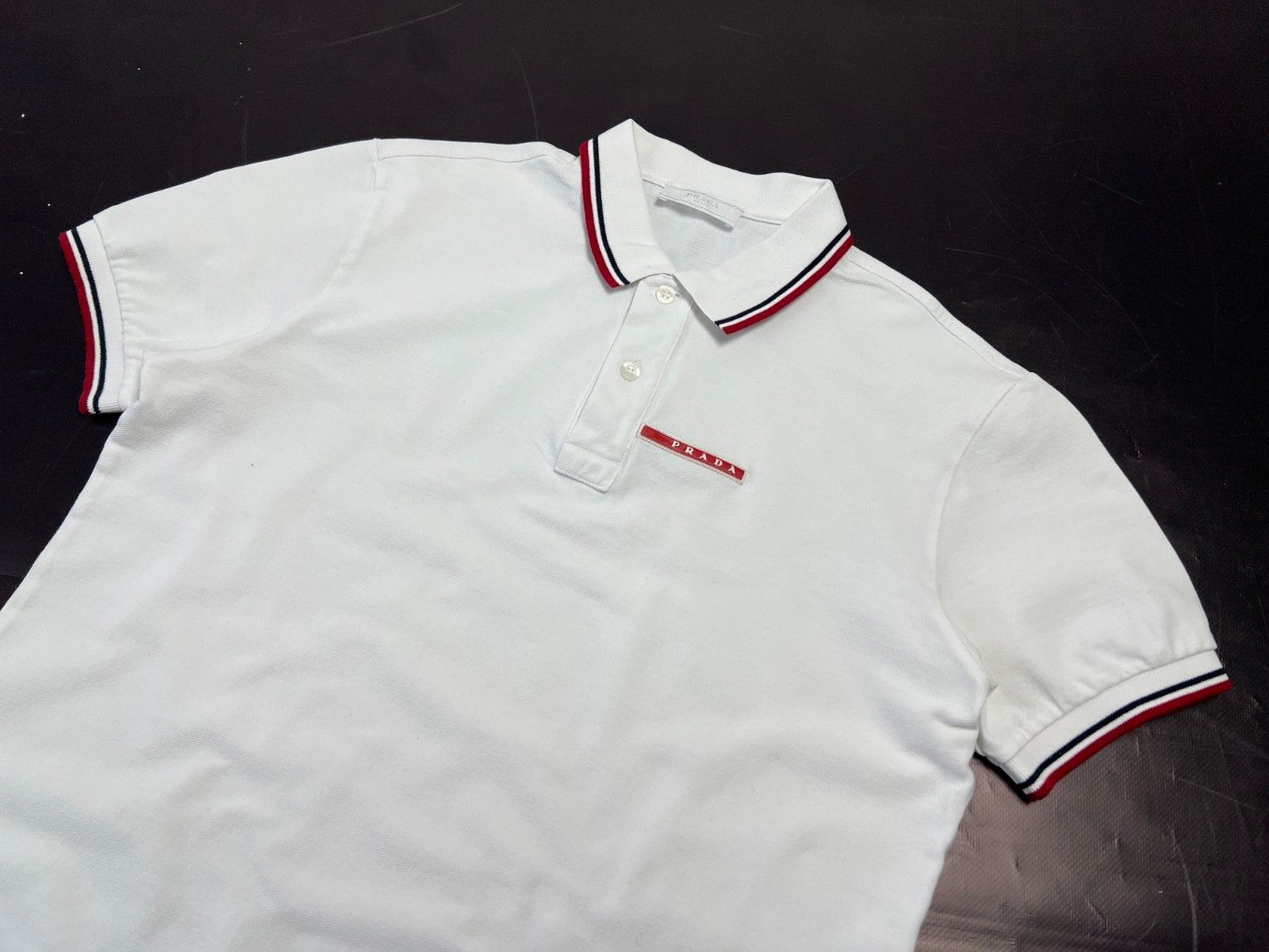 Auth Men's Prada White Two Striped Red Tab Cotton Collar Polo Shirt - M thumbnail 2