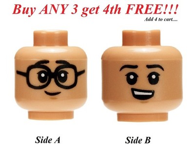  NEW LEGO Minifigure Minifig Dual Sided Head Face MALE Glasses Open Smile