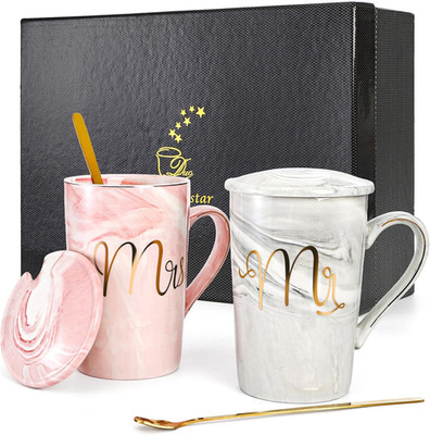Yesland Kaffeetassen Mit Deckel Und Löffel Mr. & Mrs Hochzeitsgeschenke, 400ML