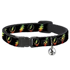 Cat Collar Breakaway Steal Your Face Lightning Bolt Repeat Black Rasta 8 to 12