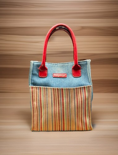 Longaberger Homestead Mini Tote Bag Canvas & Denim Leather Double Handles Vtg