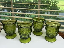Vtg Indiana Glass Whitehall set 4 Cubist  Green Olive Tumbler 10 oz Footed 4.25”