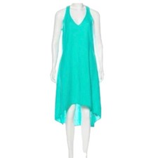 Calypso St Barth Turquoise Linen High Asymmetrical V-Neck Dress Sz L resort wear