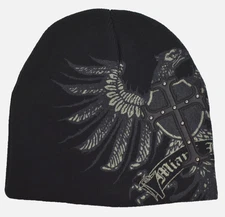 Miami Ink Mens Raised Studded Cross Bird Graphic Black Beanie Hat NWT