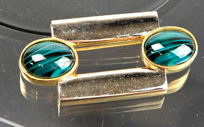 Vintage Carolee Teal Glass Cabochon Brooch Gold Silver Tone Modern Bar Pin
