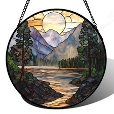 Stained Glass Window Hanging, Sunset Mountains Lake Tree Sun Catcher for Wind...