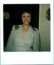 1970s Woman In White Long Sleeve Dress Smiling Indoors Close Up Vintage Photo