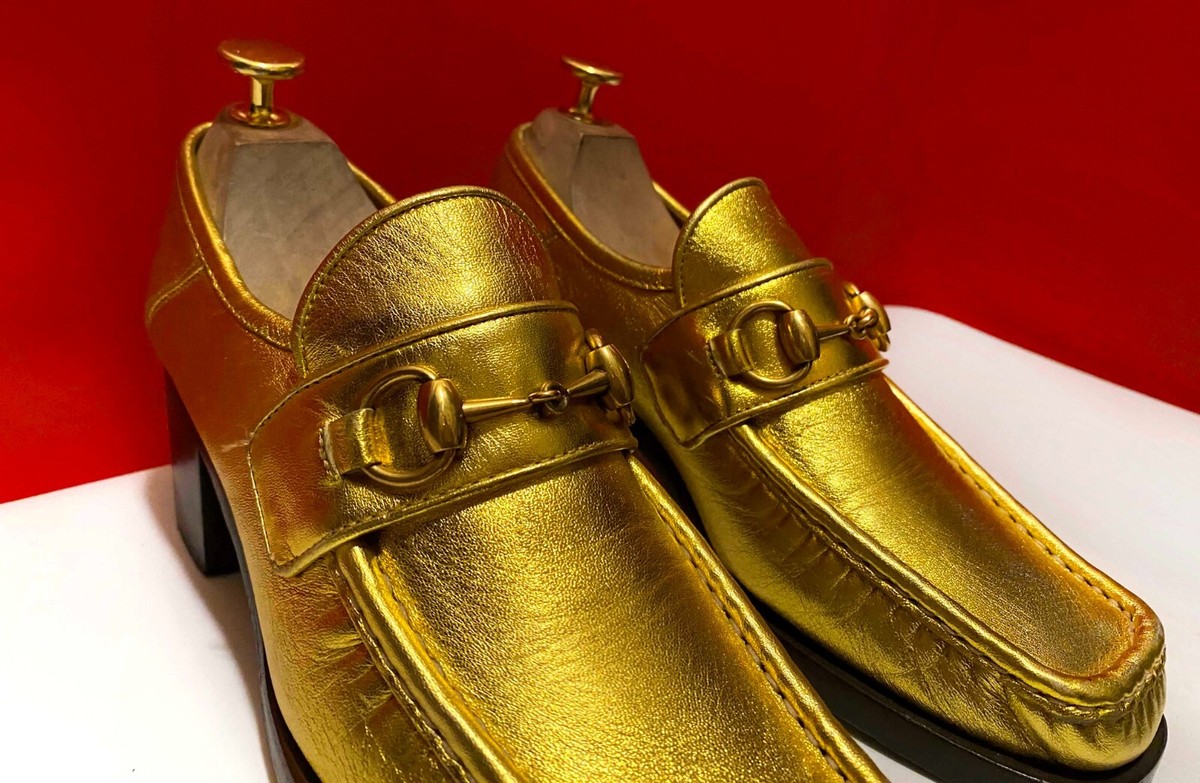 靴 Gucci Gold-Bid Leather Loafers 6 1/2B $1249.00 !! GUCCI RARE WOMEN'S GOLDEN LEATHER BITS SHOES