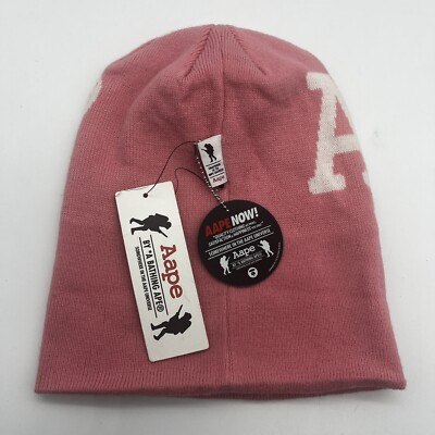 NWT BAPE Beanie A Bathing Ape Beanie Knit Large Logo AAPE Hat Pink
