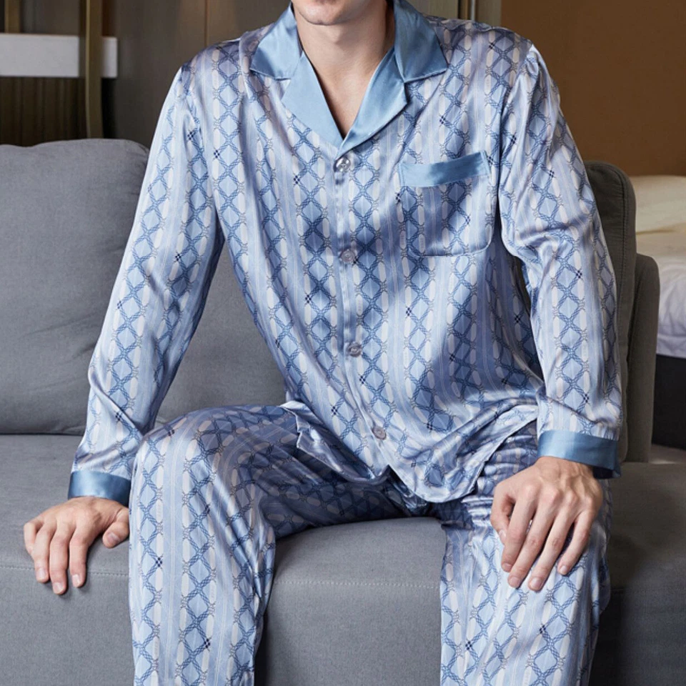 Men's 19MM 100% Pure Mulberry Silk Pajamas Set Long Sleeves Silk Sleepwear S~3XL