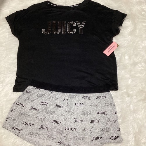 Juicy Couture Loungewear 2 Stück schwarz Bejeweled Shirt elastisch grau Shorts Gr. L