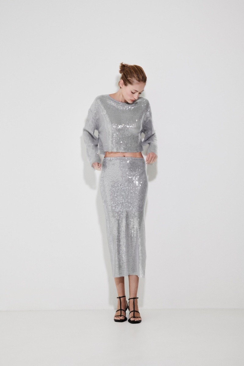 ★Sara ZARA WOMAN SS23 GREY SEQUINNED MIDI SKIRT 7901/863 | eBay