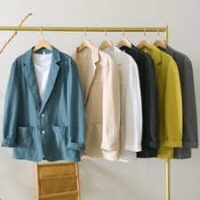 Mens Jacket Cotton Linen Casual Suit Formal Business Blazer Button Slim Fit Coat